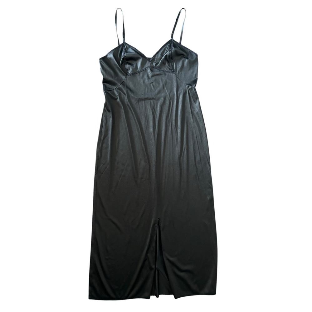 Kayser Vintage Black Nylon Maxi Slip Dress V-Neck Lace Trim Front Slit Size‎ 38